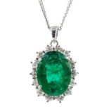 18ct white gold Zambian emerald and diamond cluster pendant necklace hallmarked, emerald approx 3.