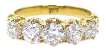 Five stone graduating old cut diamond ring stamped 18, Condition Report size N 4.