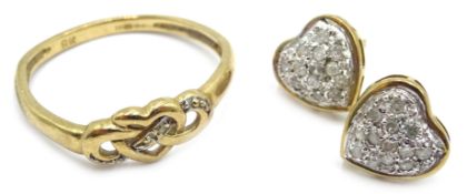 Pair of 9ct gold diamond heart stud earrings and similar ring hallmarked Condition Report