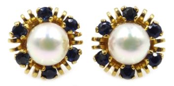 Pair of 9ct gold pearl and sapphire cluster stud earrings,