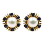 Pair of 9ct gold pearl and sapphire cluster stud earrings,