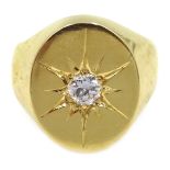 Heavy gold diamond set signet ring, stamped 18ct, diamond approx 0.