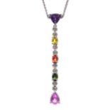 18ct white gold (tested) diamond and multi gemstone pendant on white gold chain,