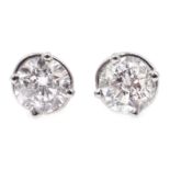 Pair of white gold diamond stud earrings, stamped 14K, diamonds approx 1.