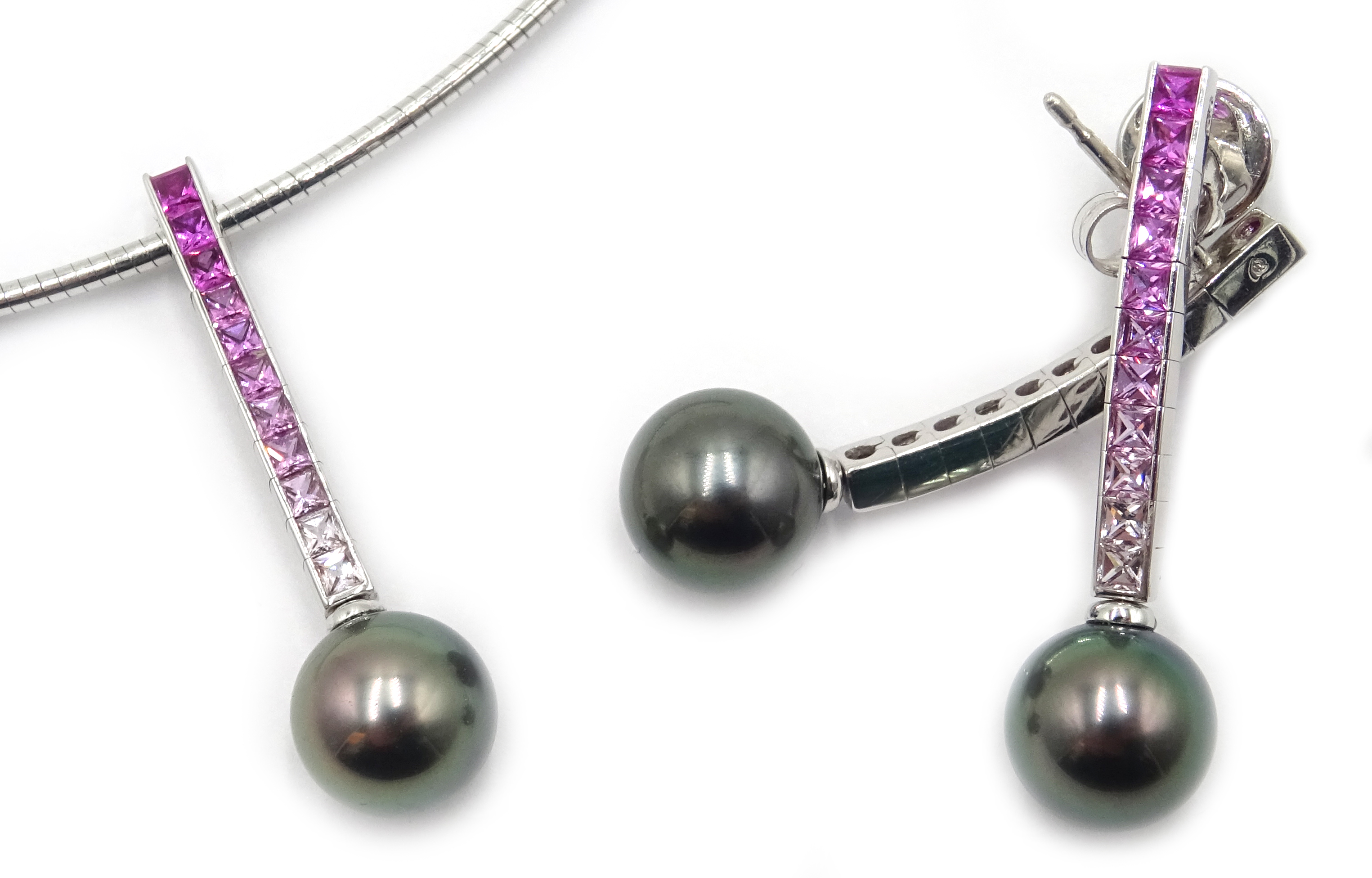 Pair of 18ct white gold pink sapphire and grey pearl pendant earrings,