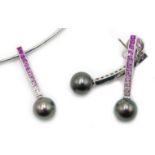 Pair of 18ct white gold pink sapphire and grey pearl pendant earrings,