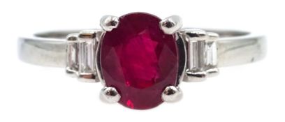 18ct white gold oval ruby and baguette diamond ring hallmarked,