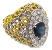 Oval sapphire and round brilliant cut diamond ring pierced rope twist gold mount stamped Kt18