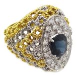 Oval sapphire and round brilliant cut diamond ring pierced rope twist gold mount stamped Kt18