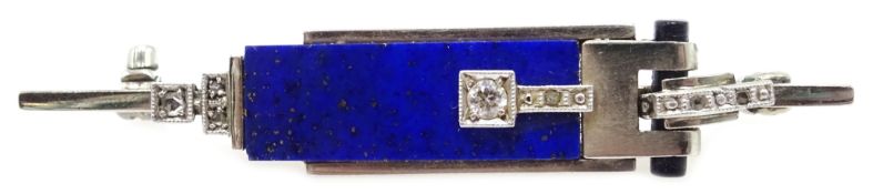 Art Deco white gold lapis lazuli and diamond brooch Condition Report 5.