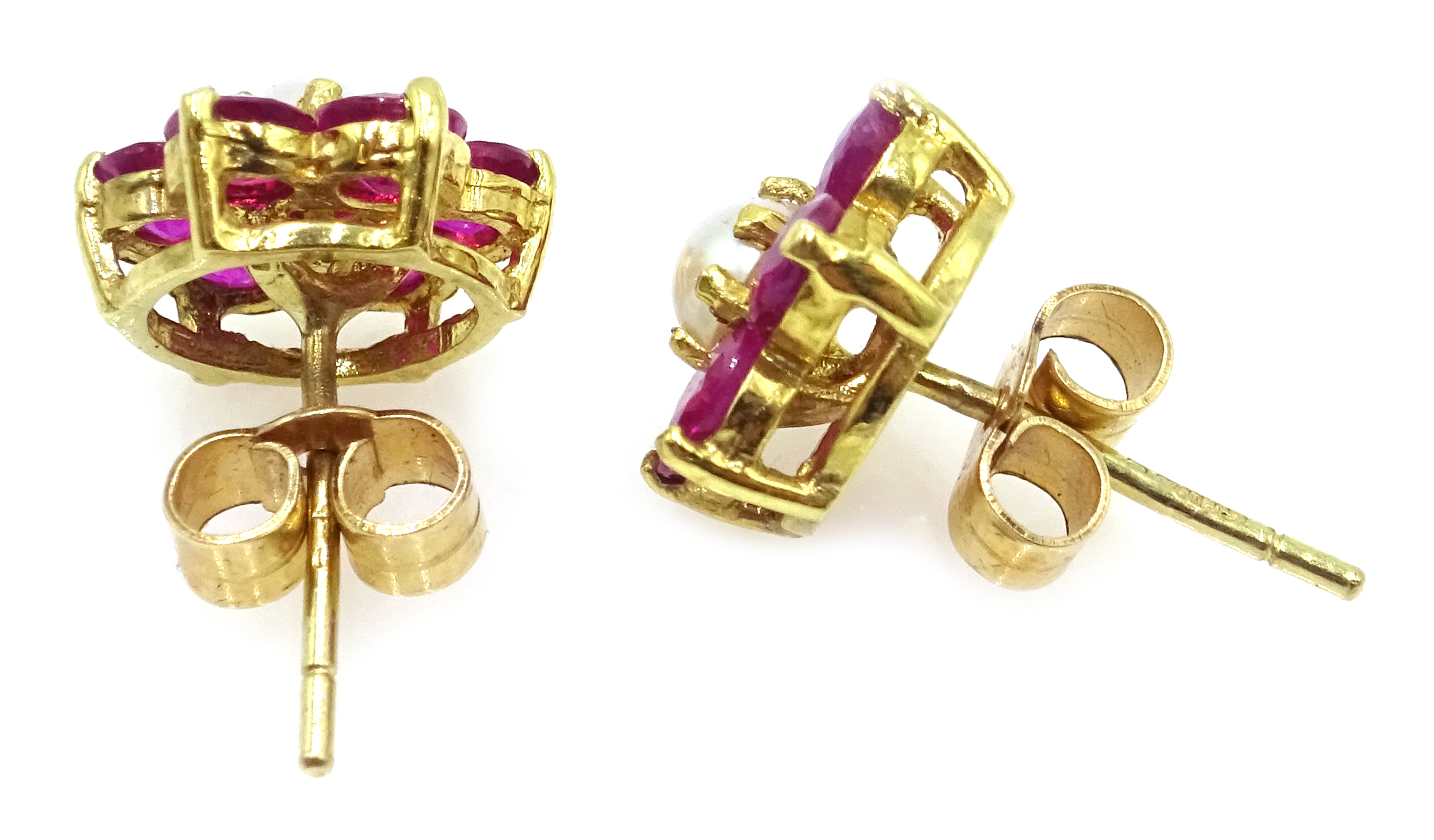 Pair of 9ct gold ruby and pearl cluster stud earrings, - Image 2 of 2