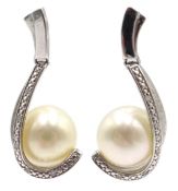 Pair of 9ct white gold pearl and diamond pendant earrings,