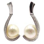 Pair of 9ct white gold pearl and diamond pendant earrings,