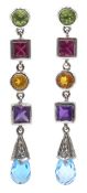 Pair of white gold multi gemstone pendant earrings,