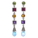 Pair of white gold multi gemstone pendant earrings,