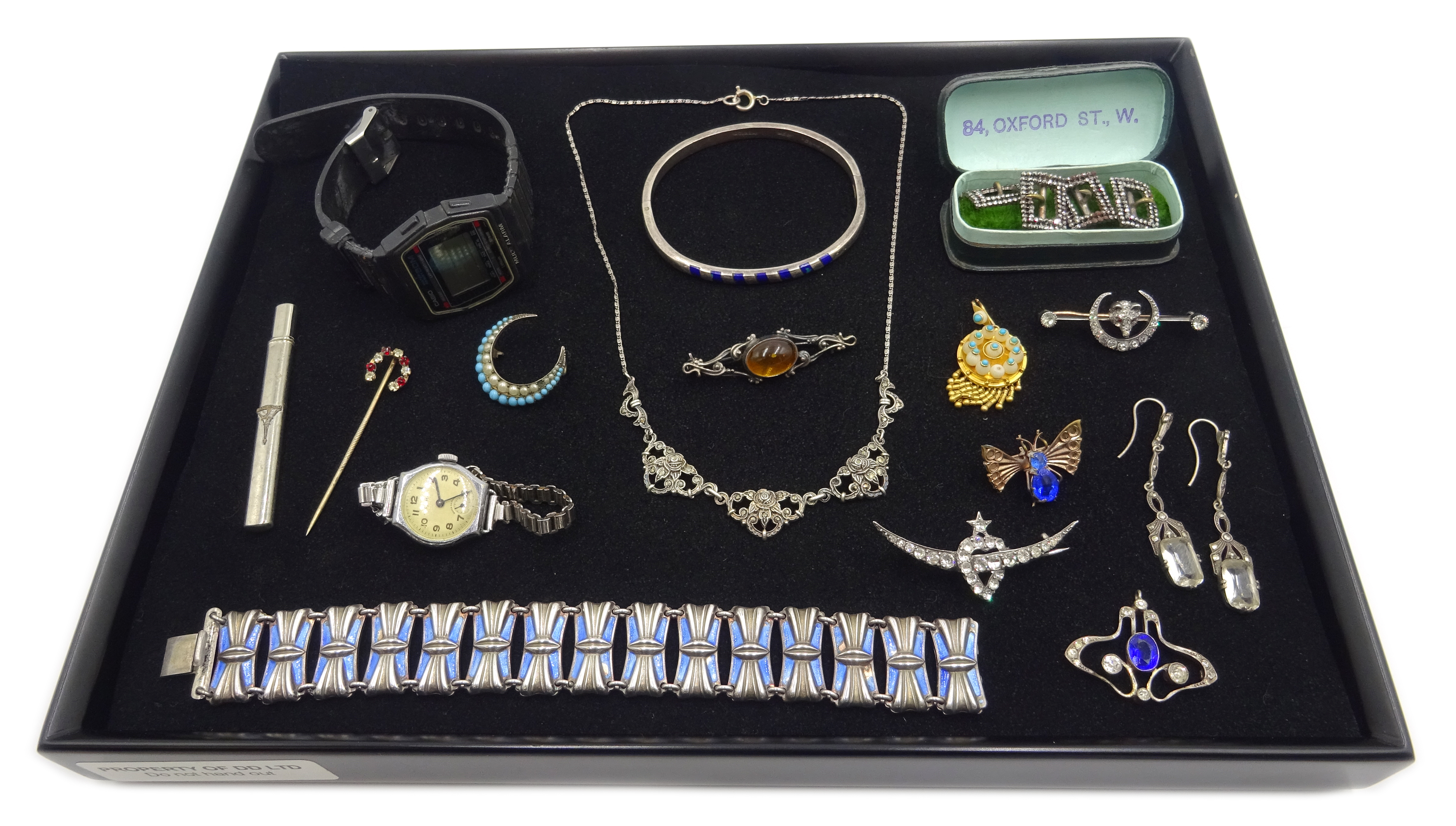 Norwegian silver and blue enamel bow bracelet by Einar Modahl, Mexican silver bracelet,