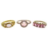 Three silver-gilt opal and stone set rings,