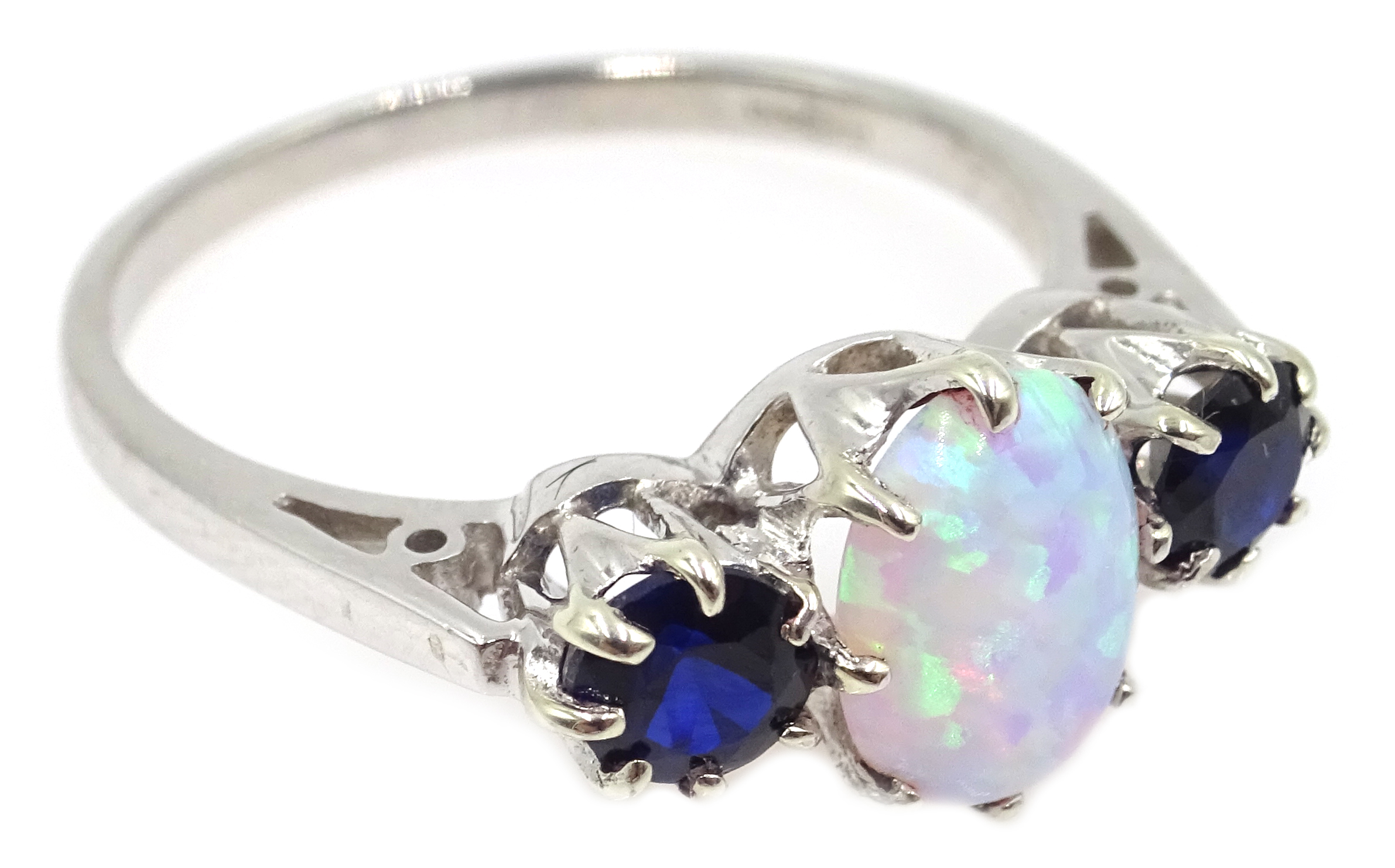 White gold opal and sapphire ring, hallmarked 9ct Condition Report Approx 2. - Image 2 of 3