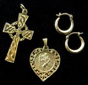 Gold St Christopher heart pendant and cross pendant,