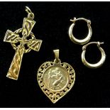 Gold St Christopher heart pendant and cross pendant,