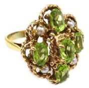 9ct gold peridot and pearl cluster ring, hallmarked Condition Report Approx 6.