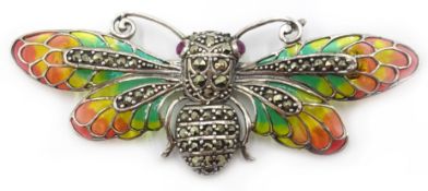 Silver plique-a-jour, marcasite and enamel insect brooch,