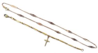 Gold cross, hallmarked 9ct, on gold link bracelet stamped 15 and rose gold link necklace,