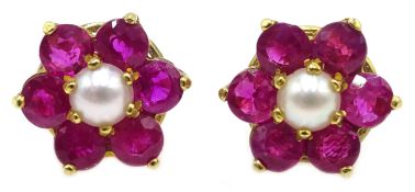 Pair of 9ct gold ruby and pearl cluster stud earrings,