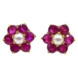 Pair of 9ct gold ruby and pearl cluster stud earrings,