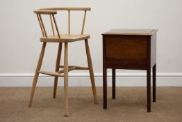 Early 20th century mahogany needlework table and child's stick back high chair (2)