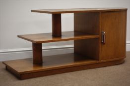 1940's oak side table, shaped cupboard with chrome and bakelite handle, three graduating shelves,