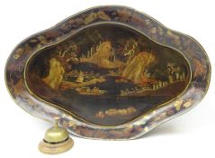 Chinoiserie decorated papier mache lacquer tray of shaped oval design decorated with a river