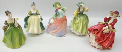 Five Royal Doulton figures of ladies, 'Elegance' HN 2264, 'Fleur' HN 2368, 'Top O The Hill' HN 1834,