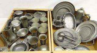 Collection of pewter including set of beakers, tankards, 17th century style spoons, two quaiches,