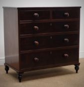 Early Victorian cross banded figured mahogany chest of two short and three long drawers,
