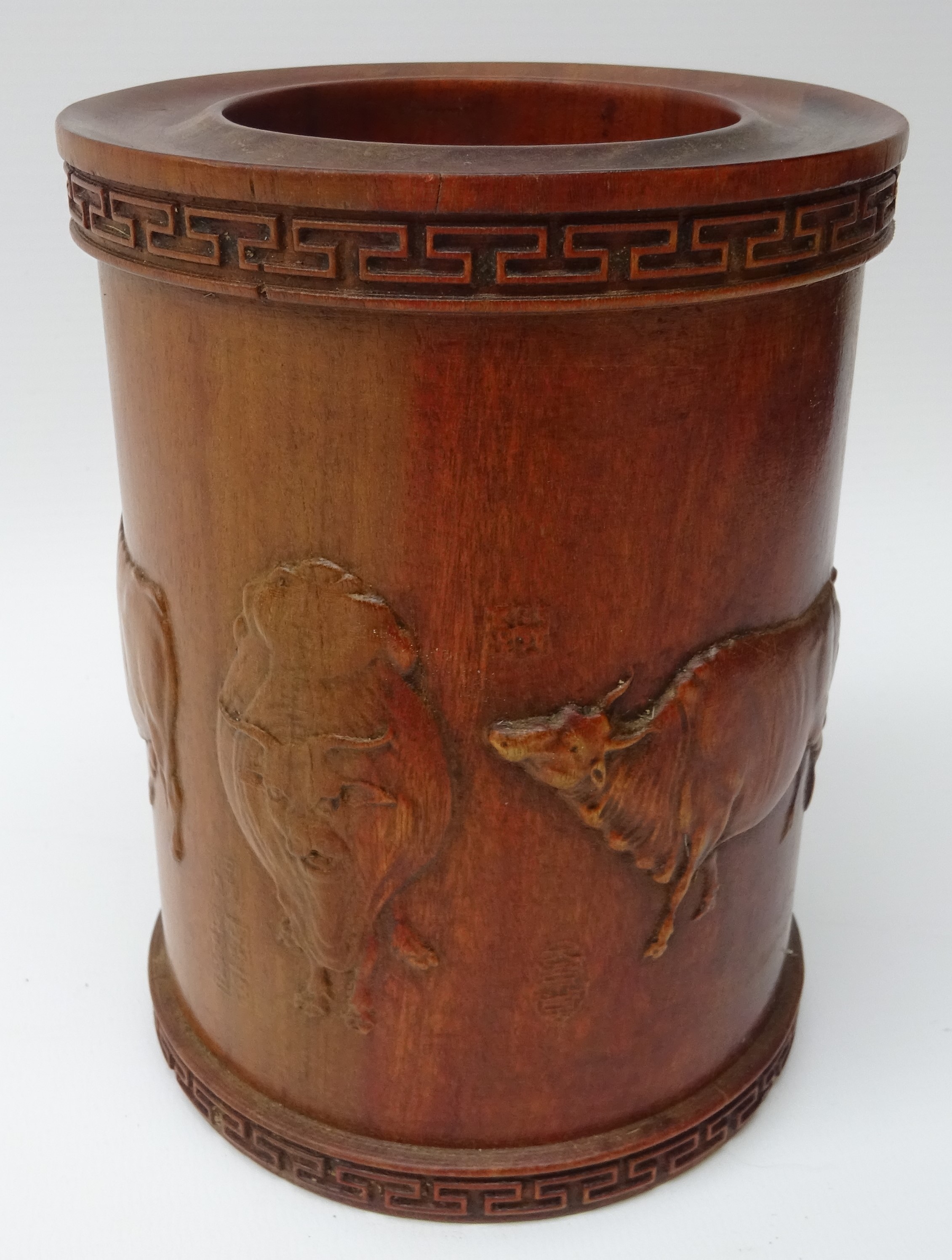 Chinese hardwood brush pot Bitong carved in relief with Water Buffalo, - Image 2 of 7