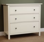 Modern white finish chest of three drawers, stile supports, W108cm, H95cm,
