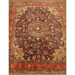 Mahal red and blue ground rug, central medallion with floral field, repeating border,