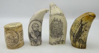 Three reproduction Scrimshaw models and matching tobacco jar,