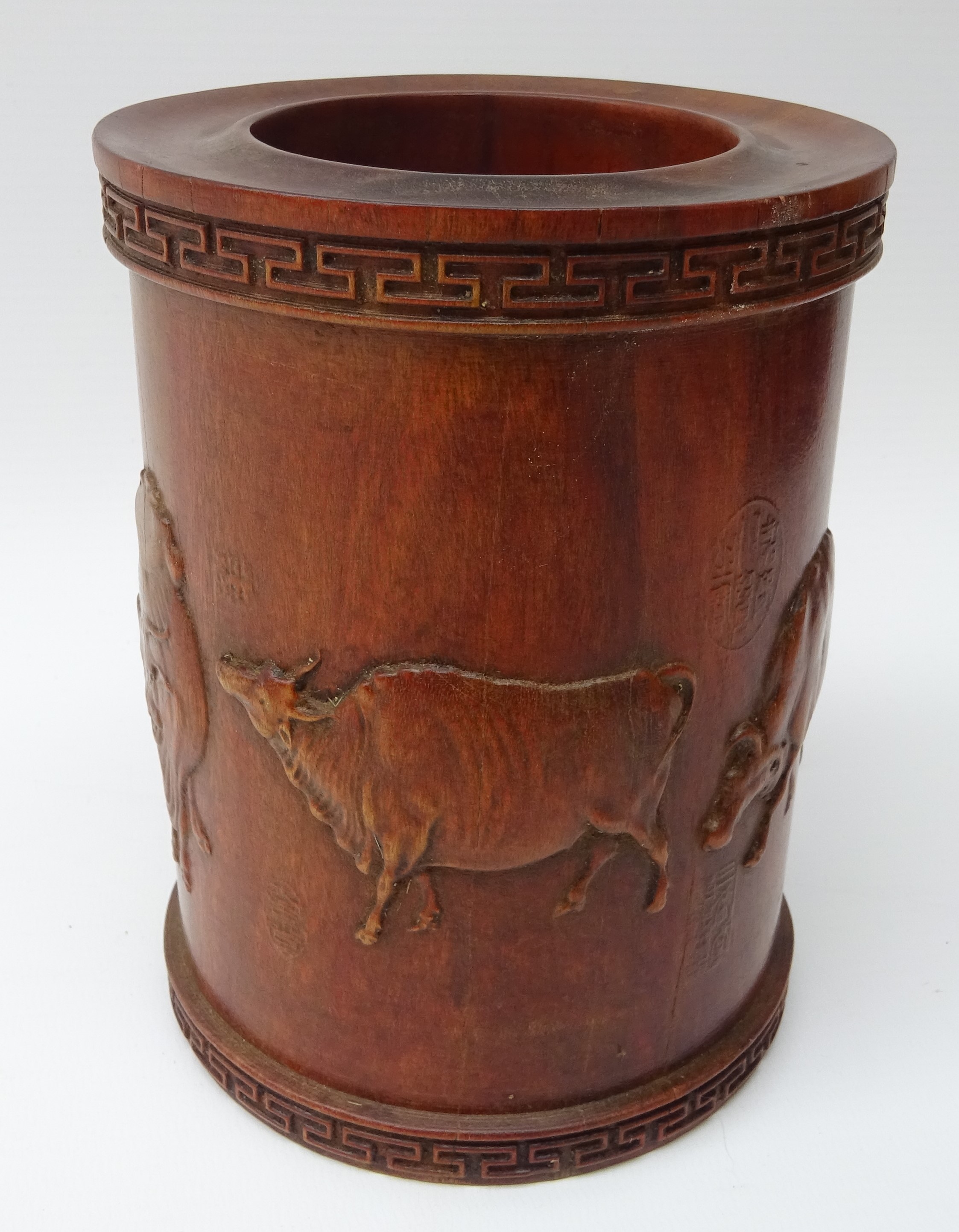 Chinese hardwood brush pot Bitong carved in relief with Water Buffalo, - Image 3 of 7