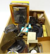 1930's cast iron and brass table fan, lacking guard, Kodak Brownie and other vintage cameras,