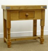 Pine butchers block, single drawer, turned supports, W83cm, H82cm,