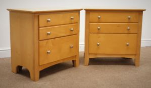 Pair birch two drawer bedside tables, shaped supports, W66cm, H64cm,