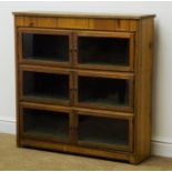 Pitch pine bookcase, six glazed doors enclosing three shelves, solid end supports, W93cm, H93cm,