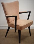 Retro open arm chair, with ebonised frame, upholstered back, arms and seat,on tapering supports,