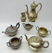 Three piece Victorian Britannia metal tea set embossed with acorn & oak leaf borders and a four
