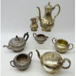 Three piece Victorian Britannia metal tea set embossed with acorn & oak leaf borders and a four