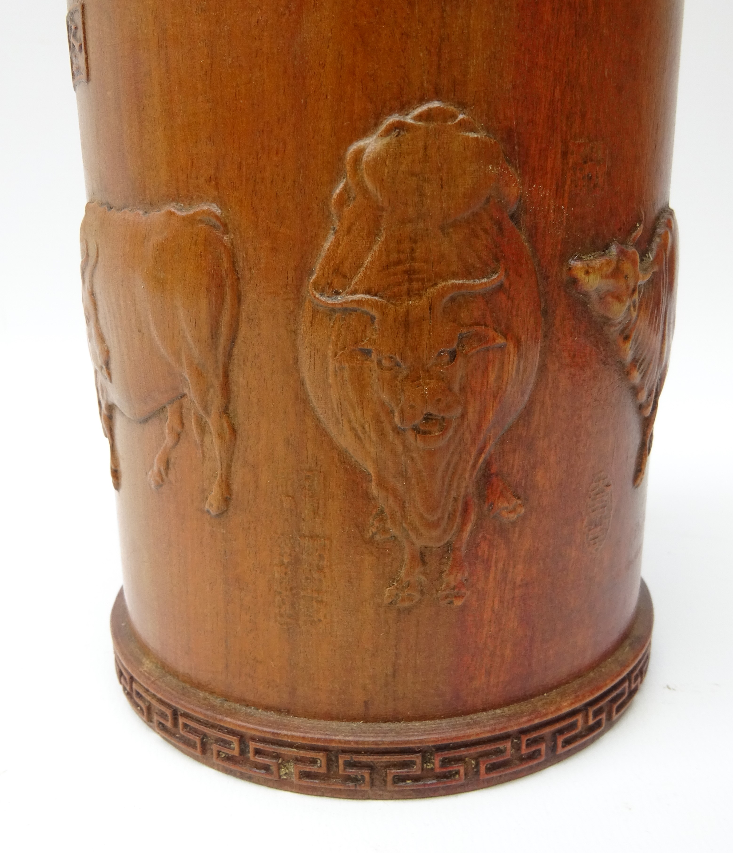 Chinese hardwood brush pot Bitong carved in relief with Water Buffalo, - Image 5 of 7