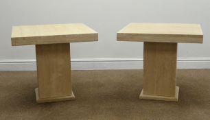Pair square travertine lamp tables, square column support on flat base, 60cm x 60cm,