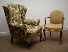 Georgian style wing back upholstered armchair (W85cm) and a walnut Queen Anne style chair (W56cm)